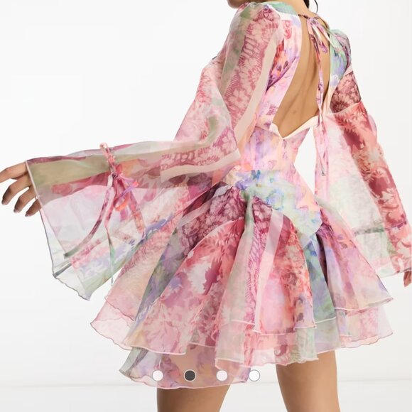 ASOS LUXE CURVE cupped organza mini dress in floral scarf print - Picture 3 of 4